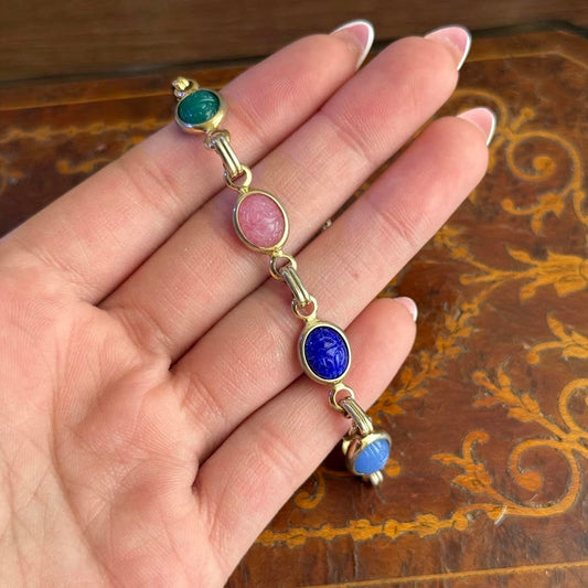 Vintage Mid Century Gold Tone Carved Gemstone Scarab Bracelet