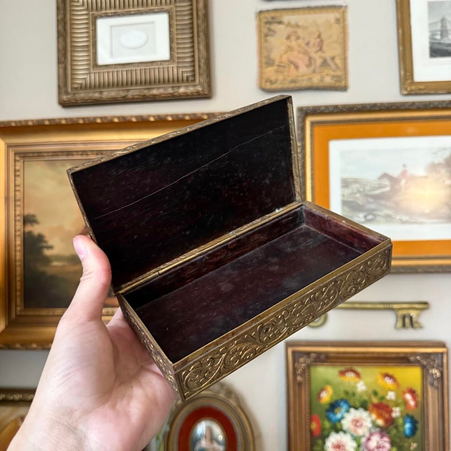 Vintage Metal Jewelry Box w/ Wooden Interior
