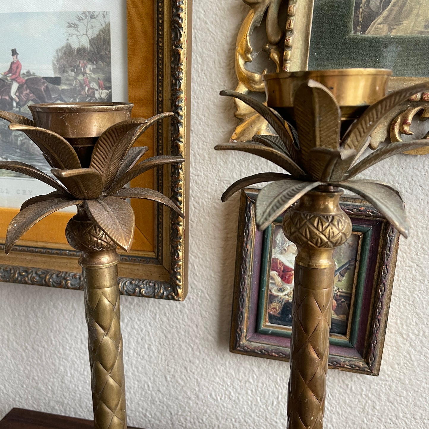Vintage Palm Tree Frond Leaf Brass Taper Candle Stick Holders