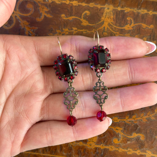Vintage Victorian earrings with dark rectangle glass stones long earrings