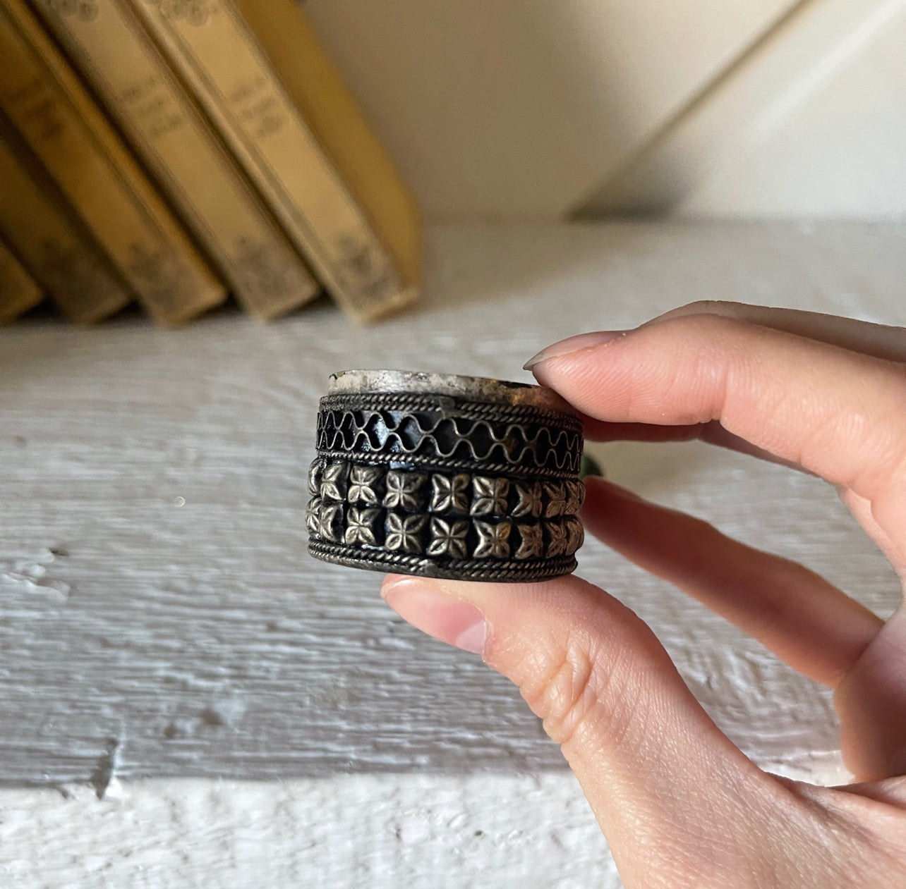 Etruscan Style Small Trinket Box with Blown Glass Cabochons