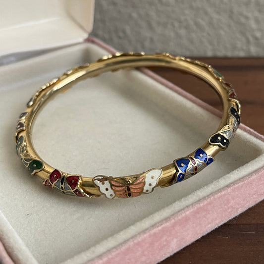 Vintage Multicolored Cloisonné Enamel Butterfly Bangle Bracelet