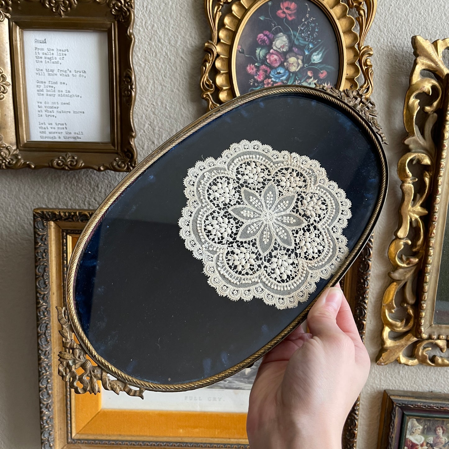 Vintage Antique Royal Blue velvet & Lace Footed Oval Dresser vanity Tray