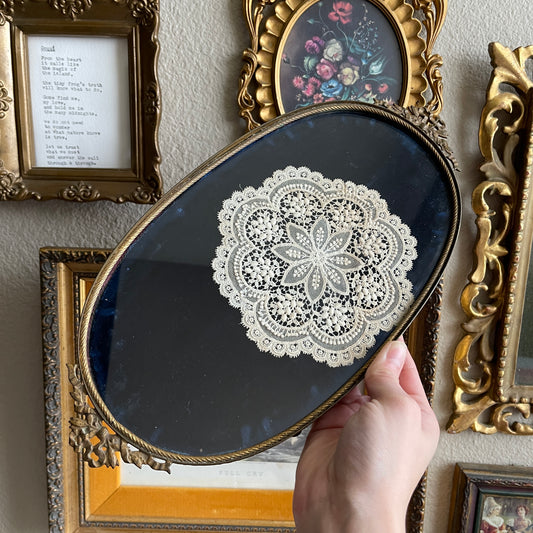 Vintage Antique Royal Blue velvet & Lace Footed Oval Dresser vanity Tray