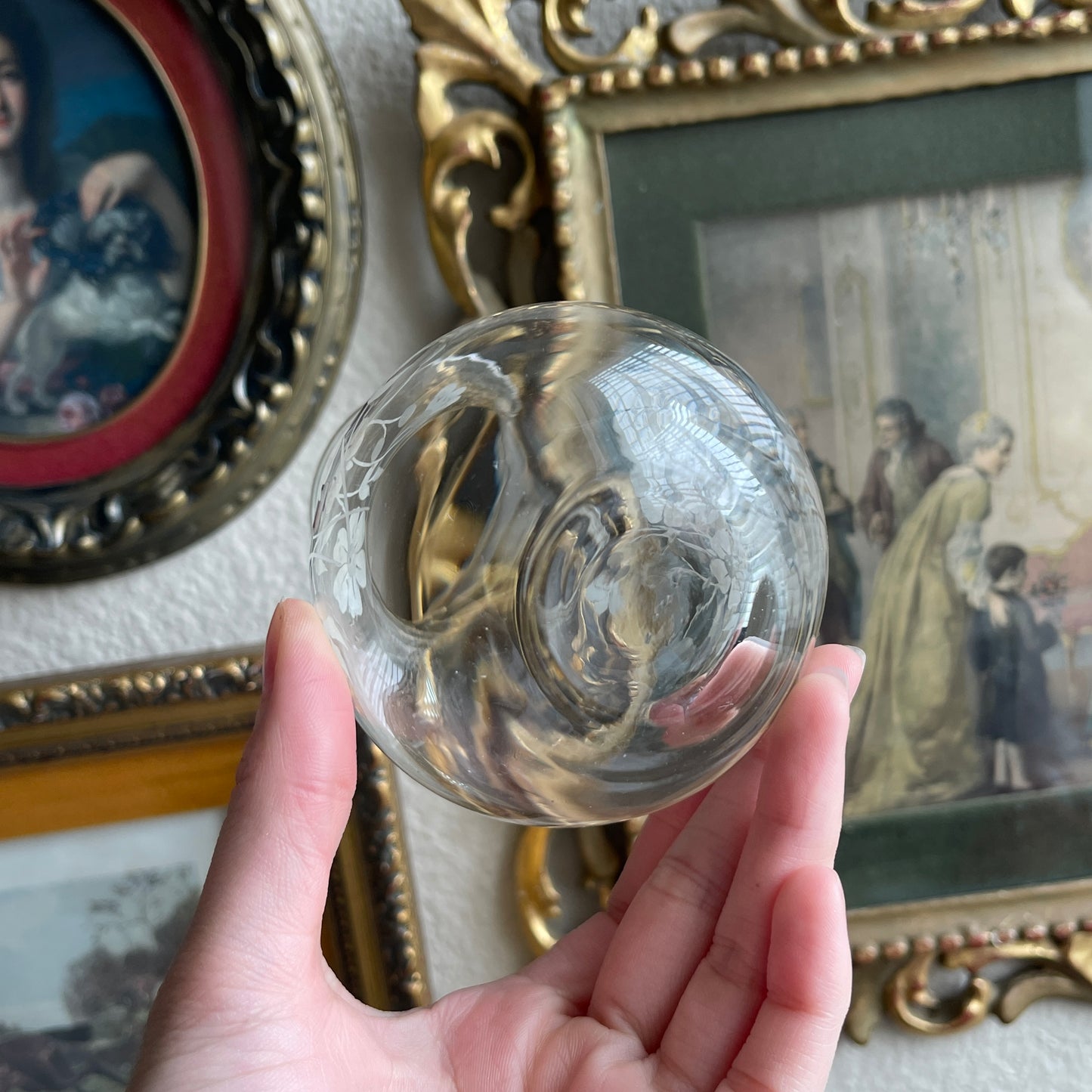 Vintage clear etched floral glass vase