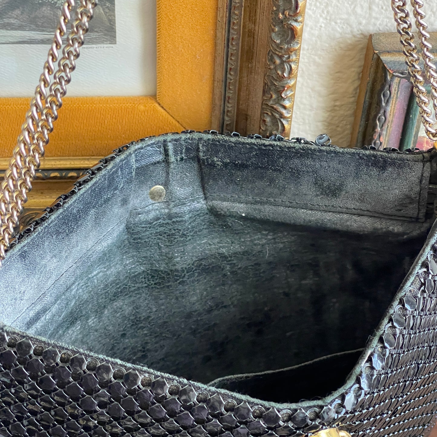 Vintage Purse Clutch Black Metal Mesh Double Chain Strap Hinged Opening