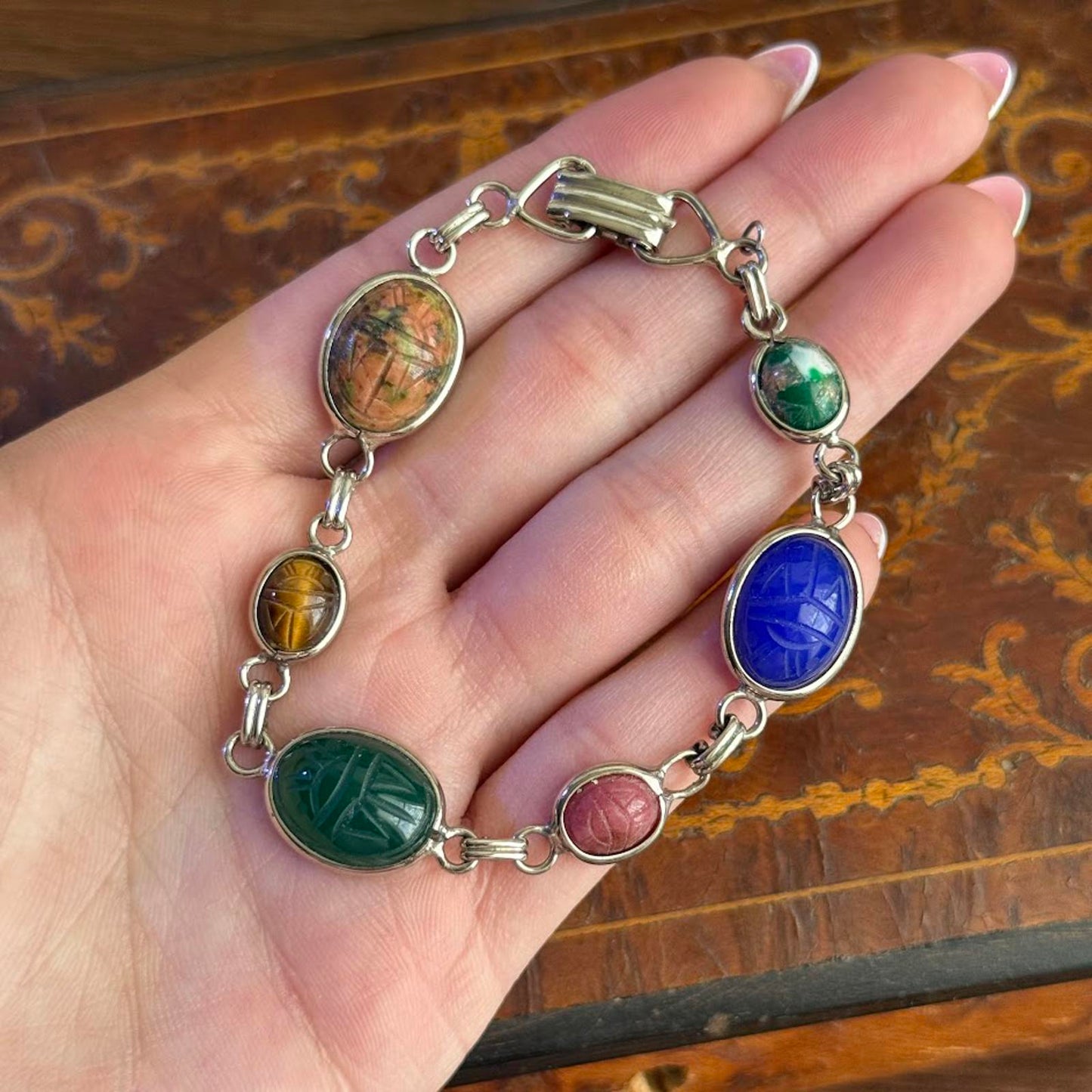 Vintage Mid Century 925 Sterling Silver Carved Gemstone Scarab Bracelet