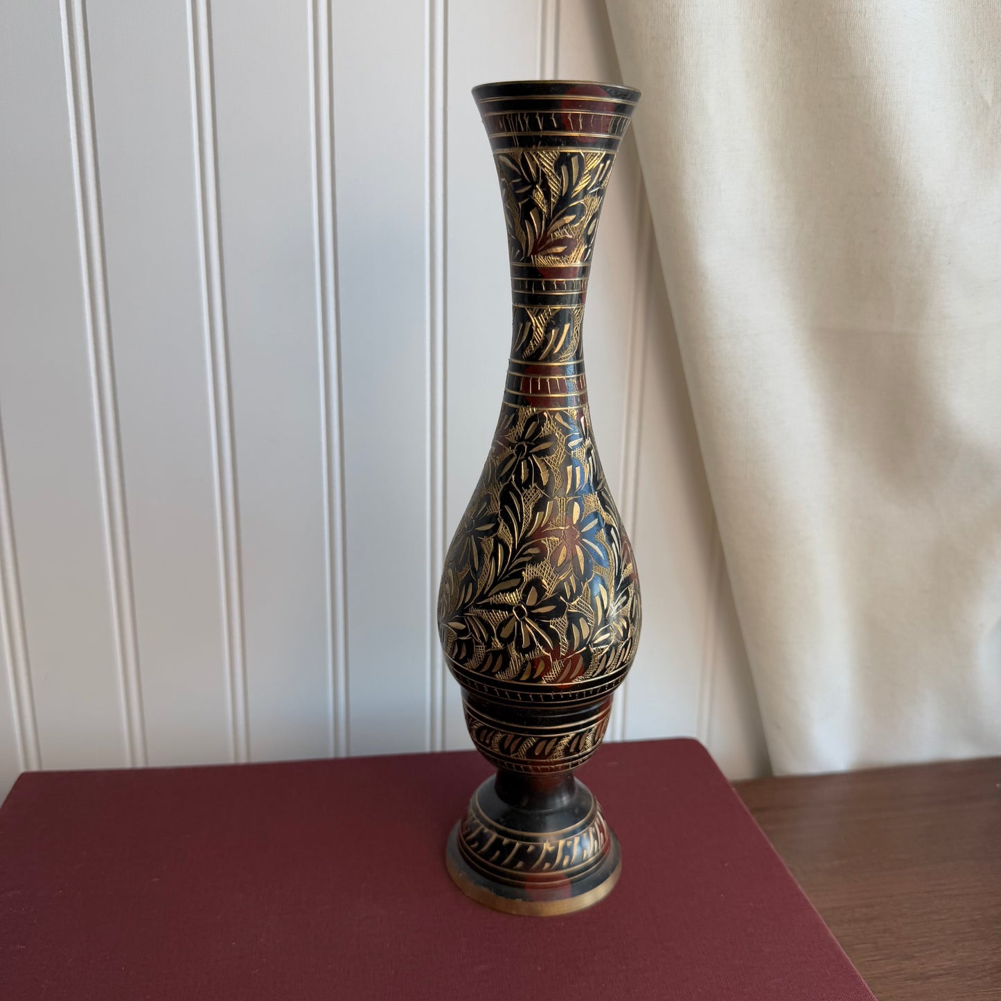 Brass vase with black etched details