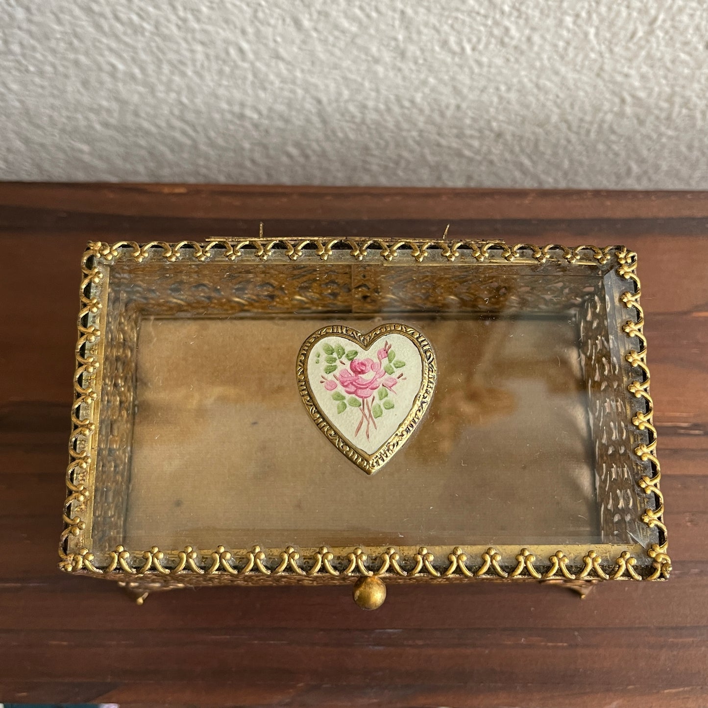 Vintage Hollywood regency gold tone jewelry casket beveled glass vanity trinket box