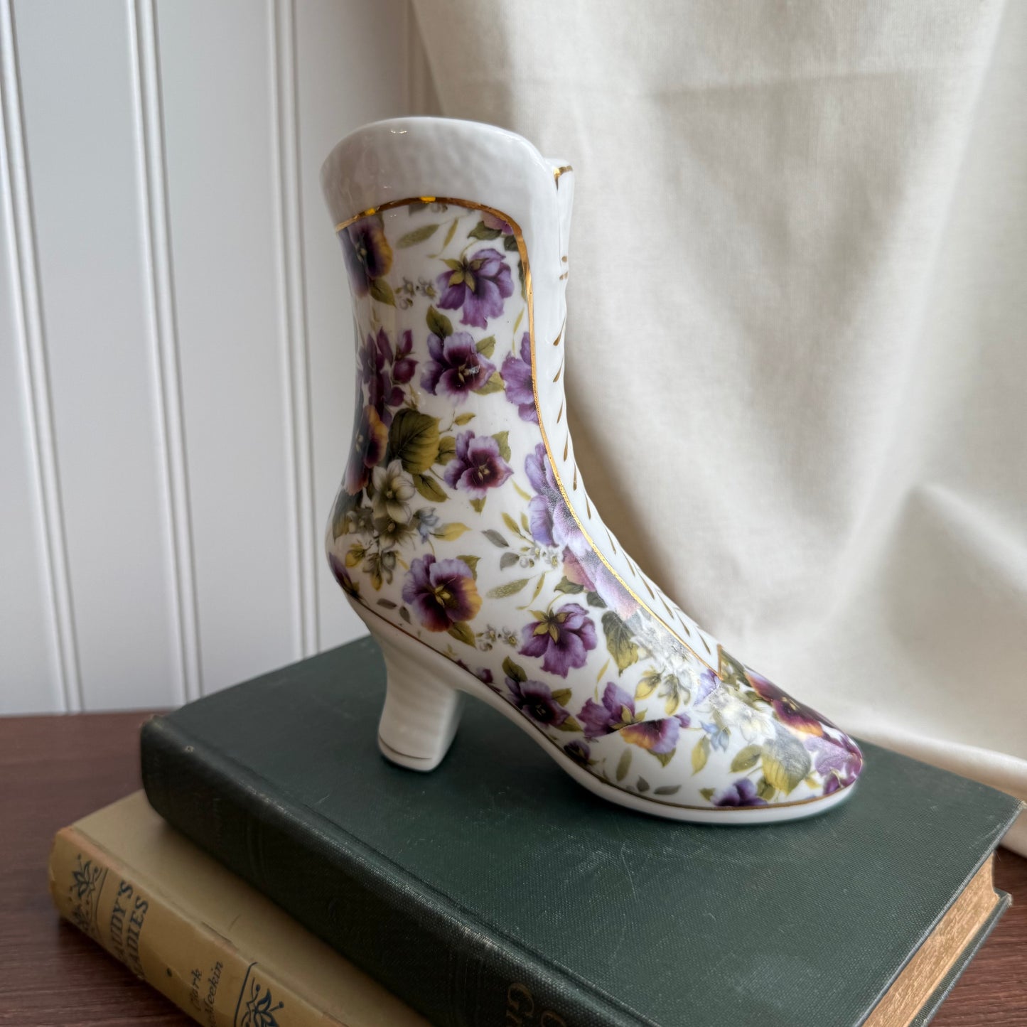 Pansy Chintz Boot Purple Violets ceramic figurine