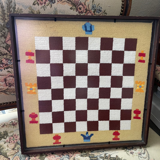 Vintage handmade checkers chess board needlepoint piece art work framed