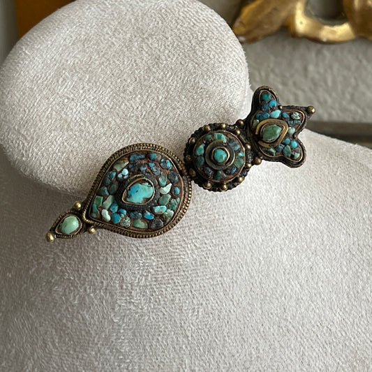 Vintage Tibetan Turquoise gold tone brooch pin