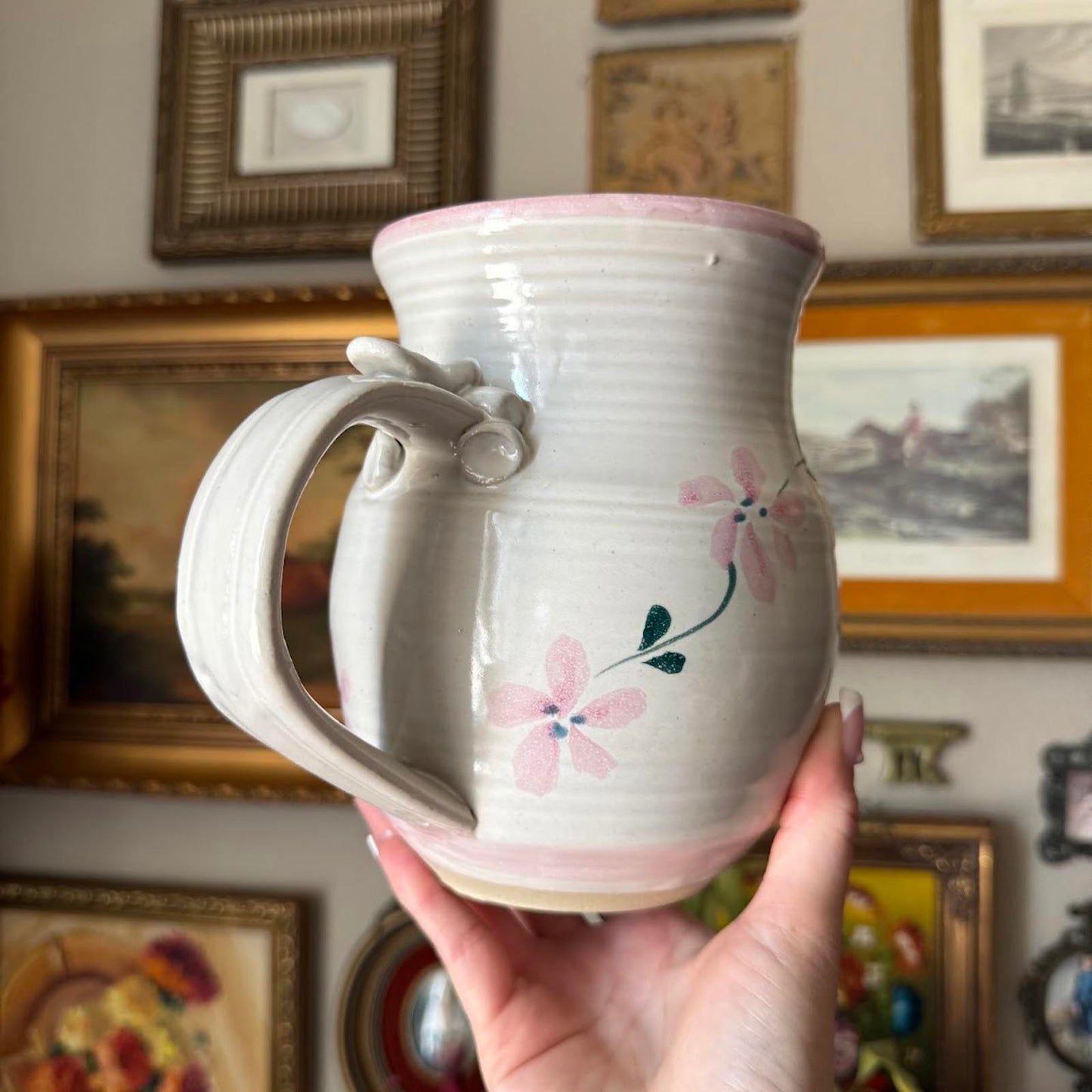 Hand-Painted Vintage Pottery Pitcher with Pink Flowers
