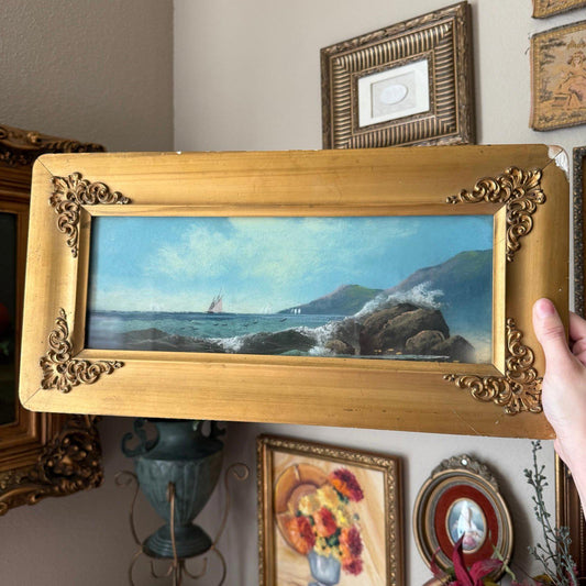 Antique Framed Pastel Seascape Original Chalk Drawing Under Glass