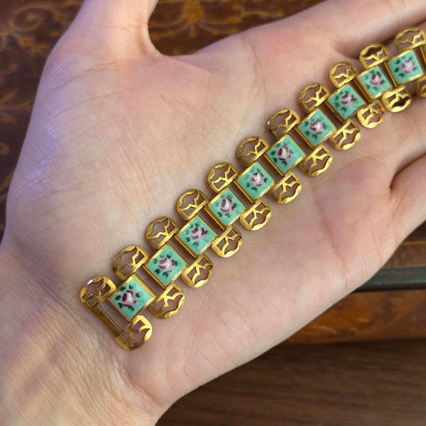 Vintage Gold Tone & Enamel Hand Painted Rose Panel Bookchain Bracelet