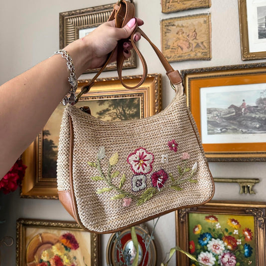 Vintage Wicker Embroidered Butterflies Shoulder Bag Purse