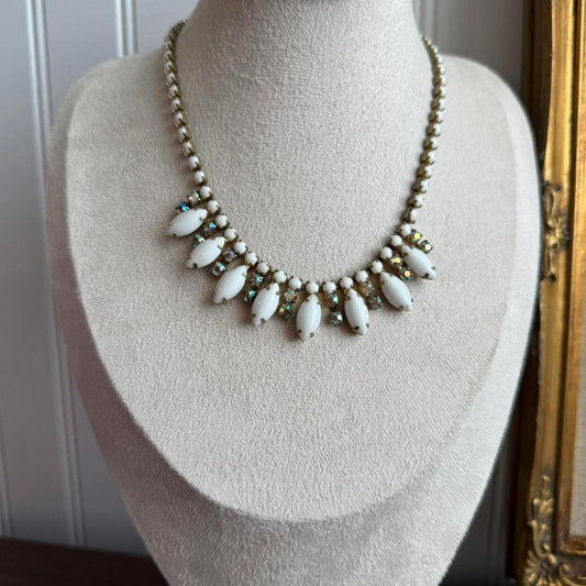 Vintage Milk Glass stone and rhinestones beaded necklace