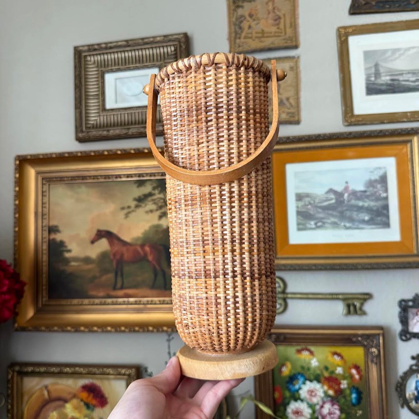 Vintage Tall Round Basket with Swing Handle