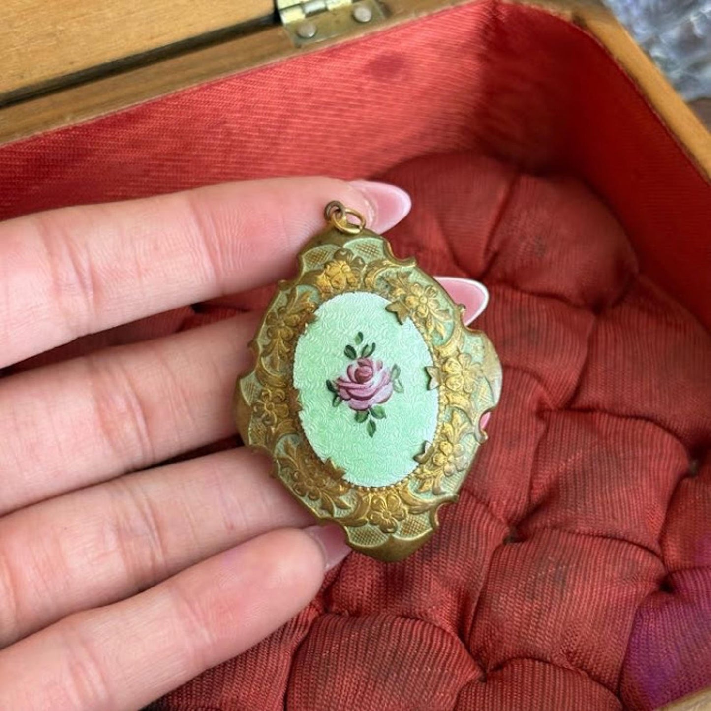 French Guilloche Enamel Secret Locket Pendant Gold & Hand Painted Rose