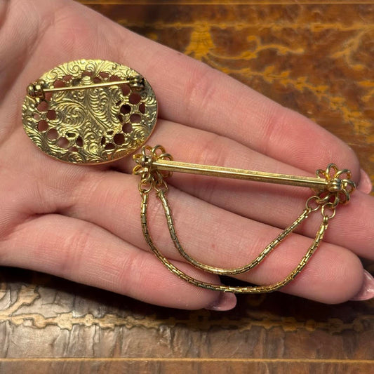 Vintage Bar dangle brooch & 1928 ceramic flower brooch