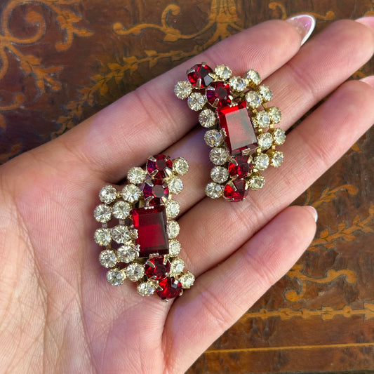 Vintage Glass Red & Clear Rhinestone Clip Earrings