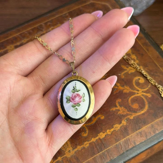 French Guilloche Enamel Locket Pendant with Hand Painted Rose