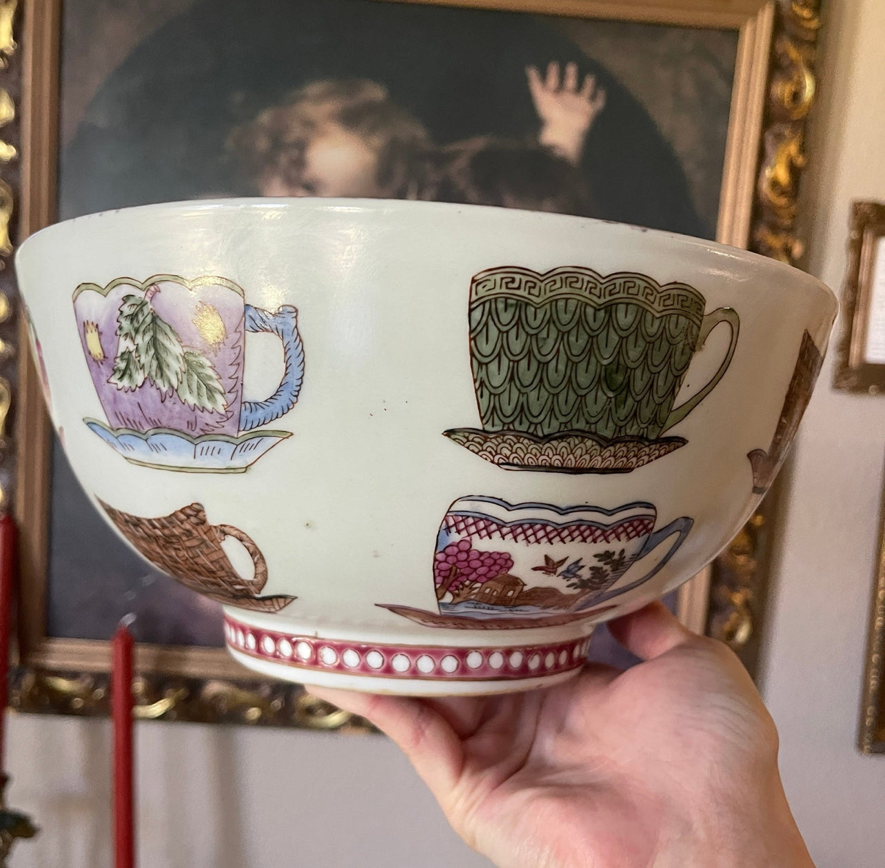 Vintage Large Yellow Oriental Accent Bowl with Tea Cup Pattern