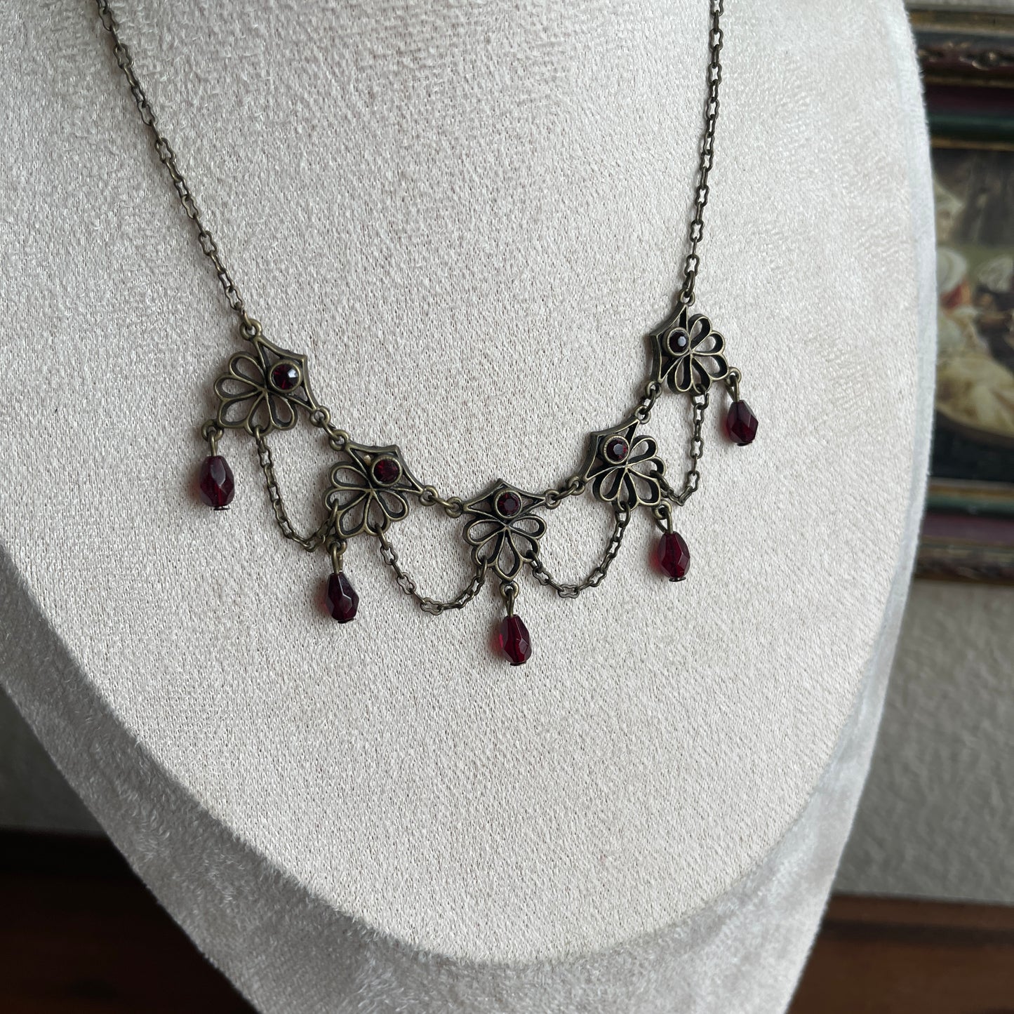 Robert Rose Necklace Amber & Bronze Tone Drape Rhinestone Facted Drop Choker