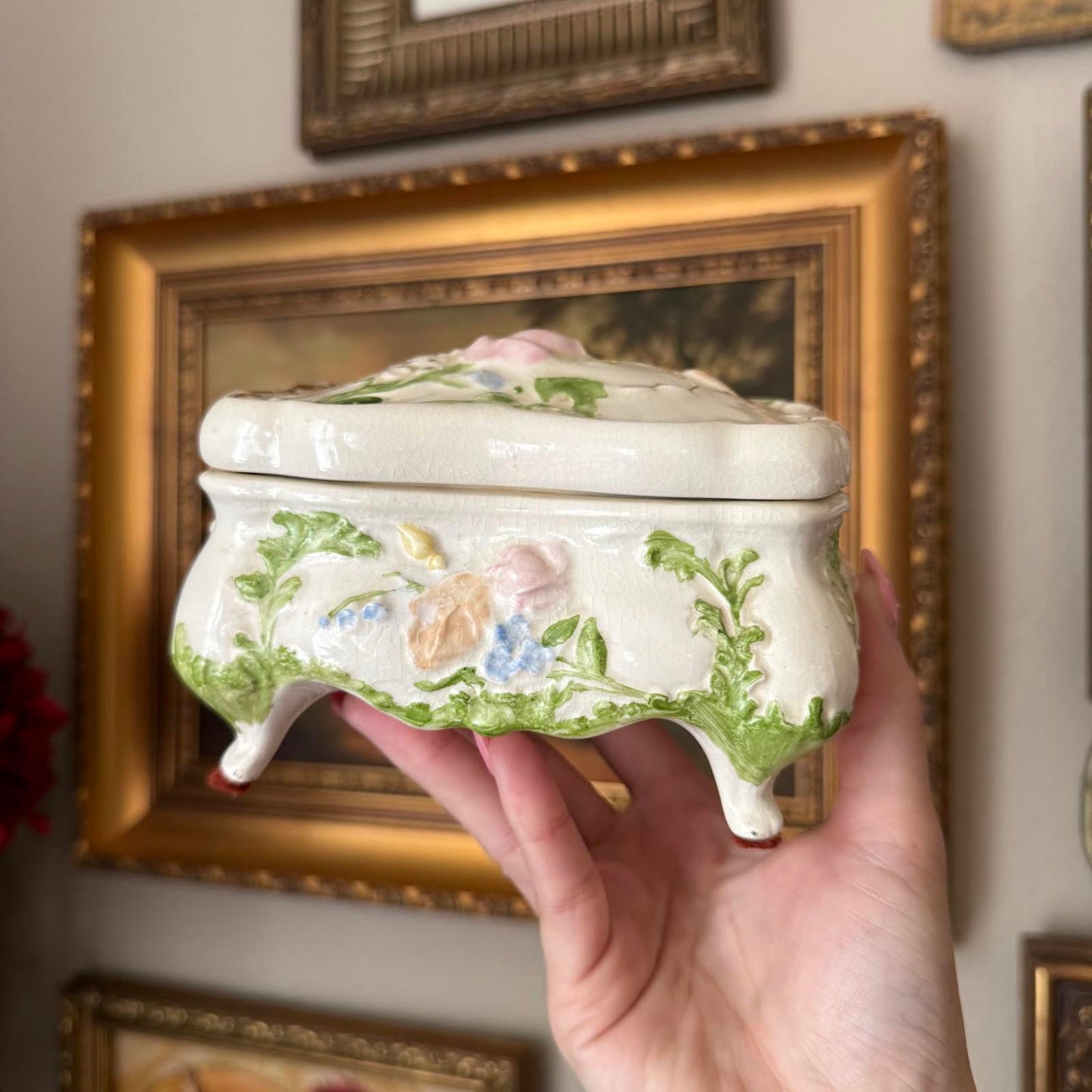 Vintage Floral Ceramic Footed Trinket Dish