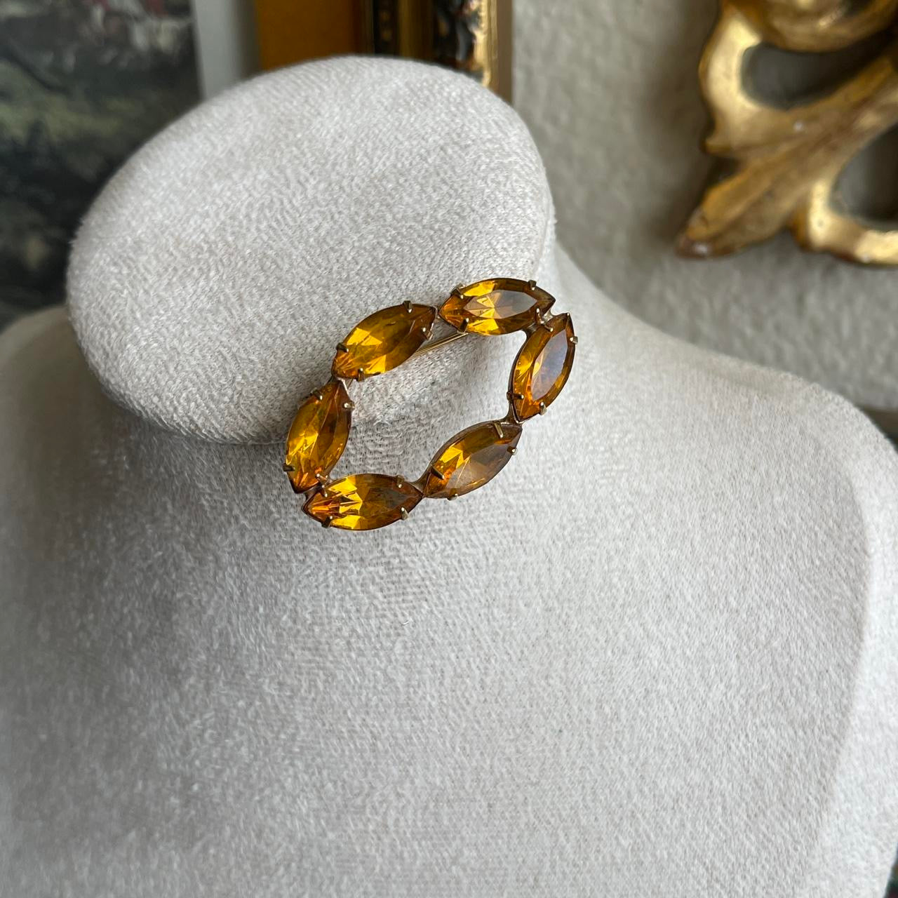 Vintage orange glass rhinestone brooch