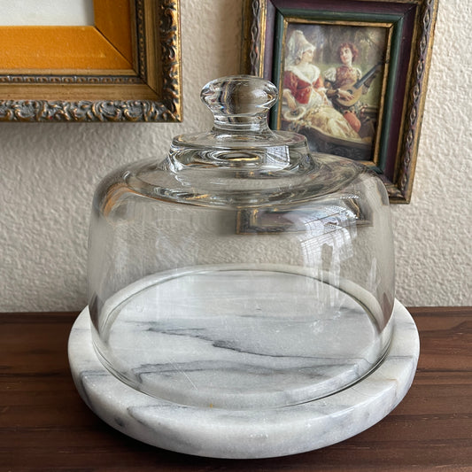 Vintage Gray/White Marble Cheese Board/Tray Clear Glass Dome