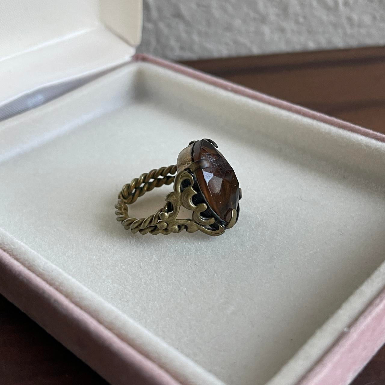 Vintage West Germany art glass Smoky topaz gemstone metal ring Adjust Regency Victorian Revival