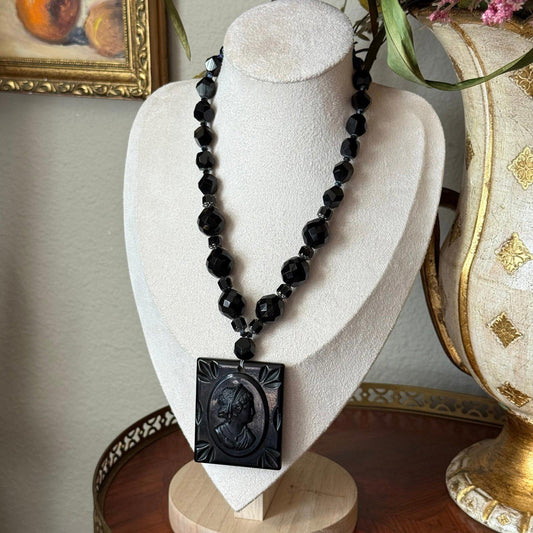 Vintage Carved Ebony Lucite Cameo Pendant black mourning cameo necklace