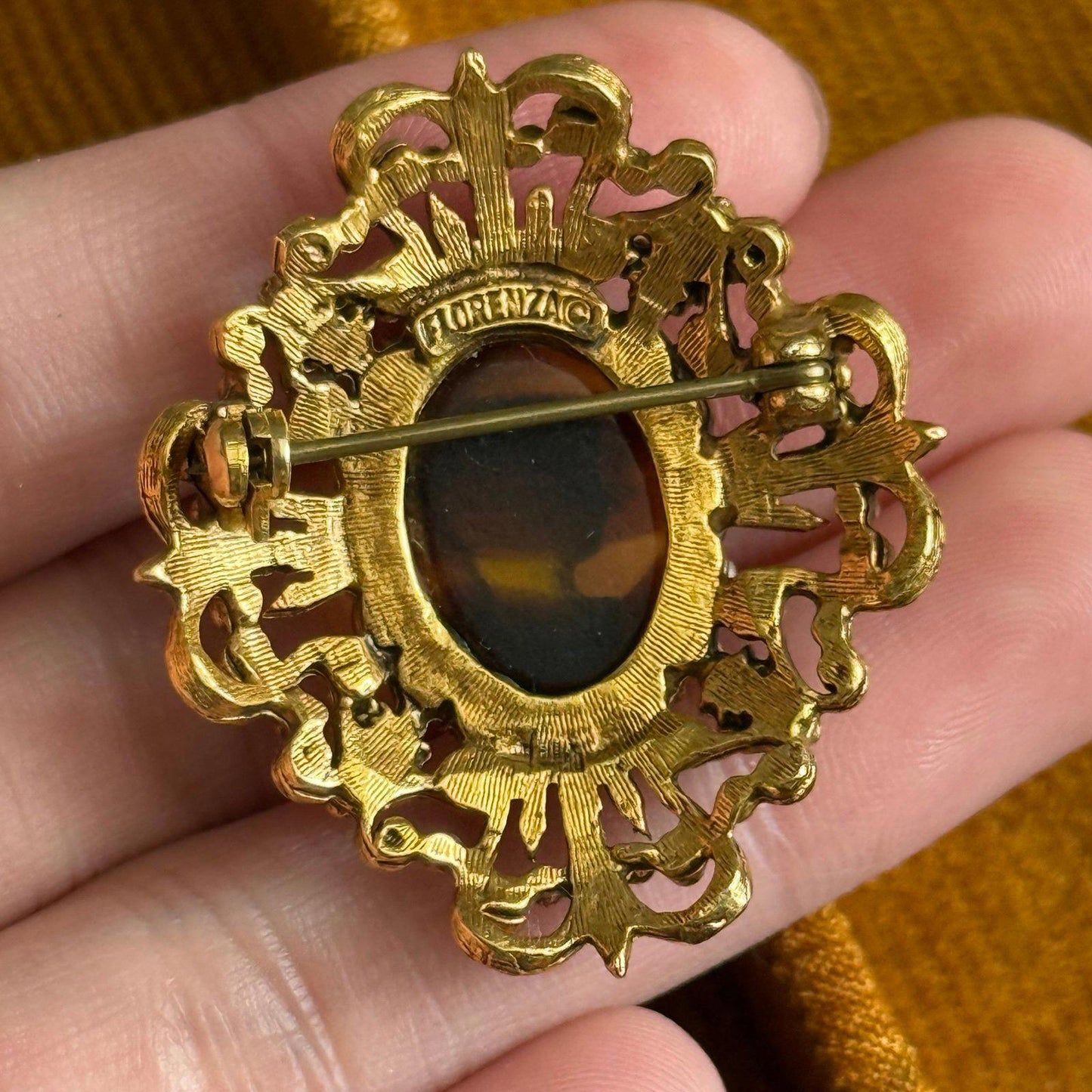 Vintage Florenza Cameo Brooch with Faux Turquoise and Pearls