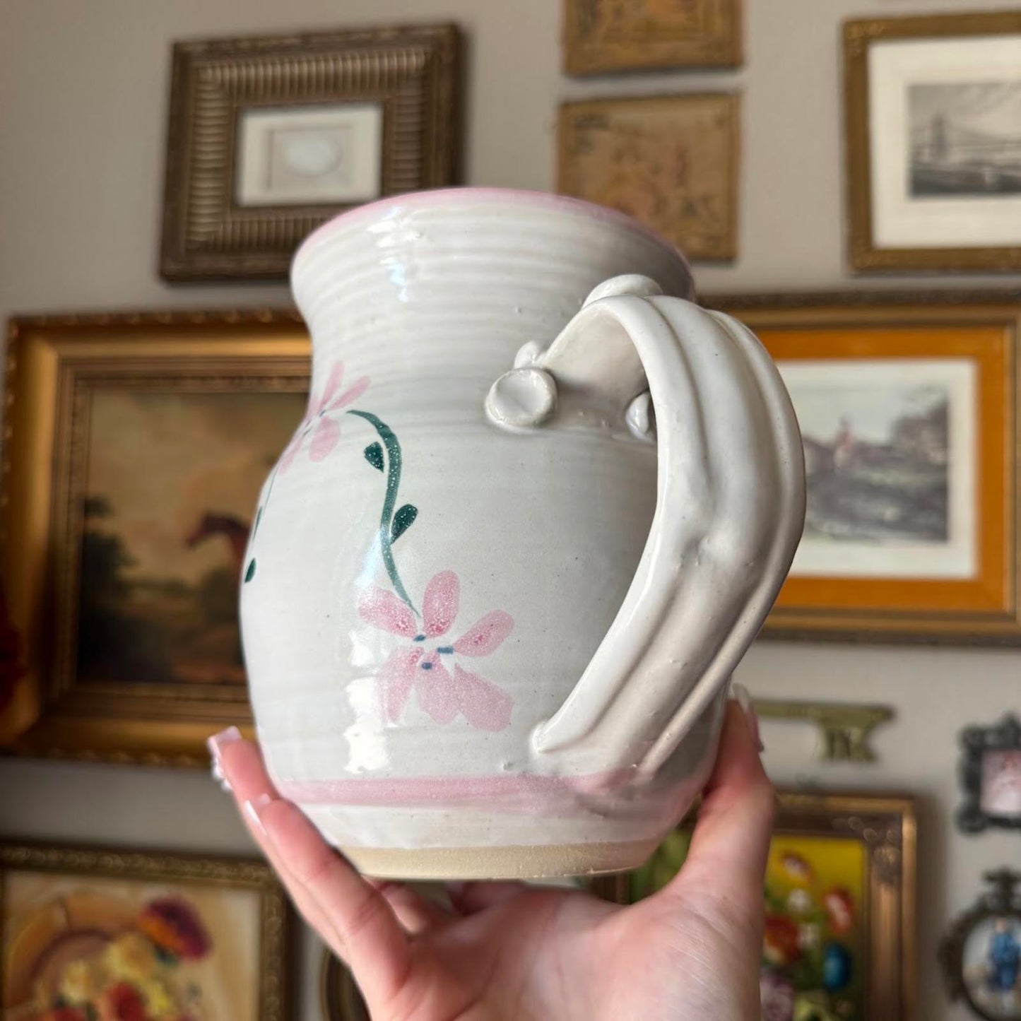 Hand-Painted Vintage Pottery Pitcher with Pink Flowers