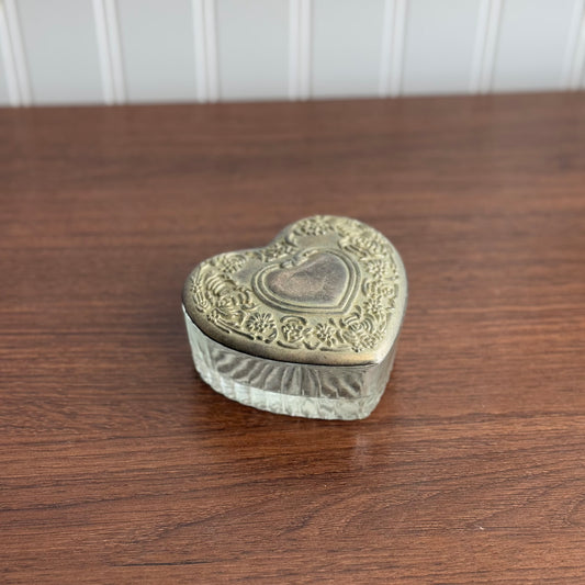 Vintage Glass Silver tone heart box trinket box
