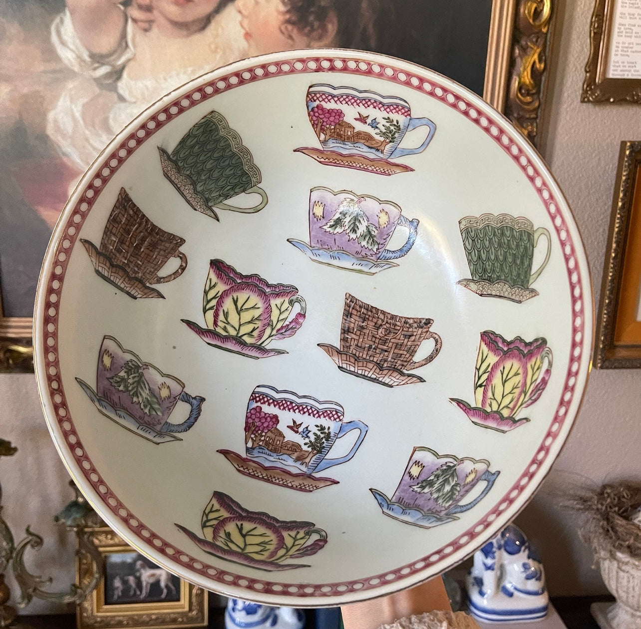 Vintage Large Yellow Oriental Accent Bowl with Tea Cup Pattern