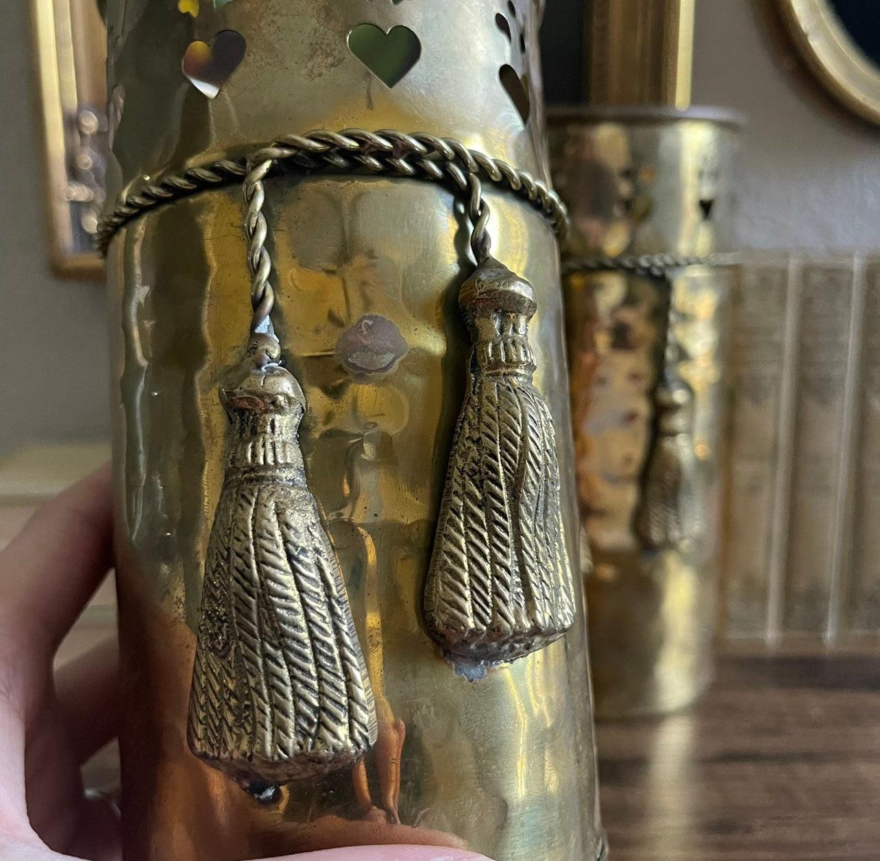 Vintage brass tin tassle canister set