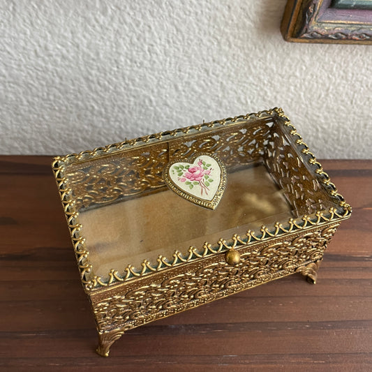 Vintage Hollywood regency gold tone jewelry casket beveled glass vanity trinket box