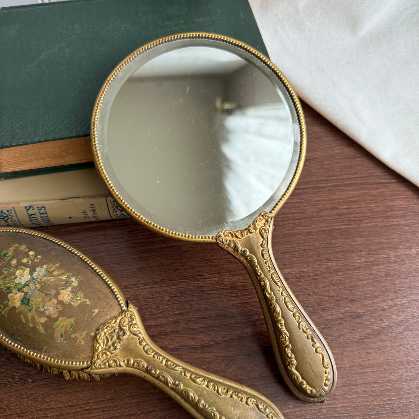 Vintage Gold tone with yellow flowers Hand Mirror and Brush set