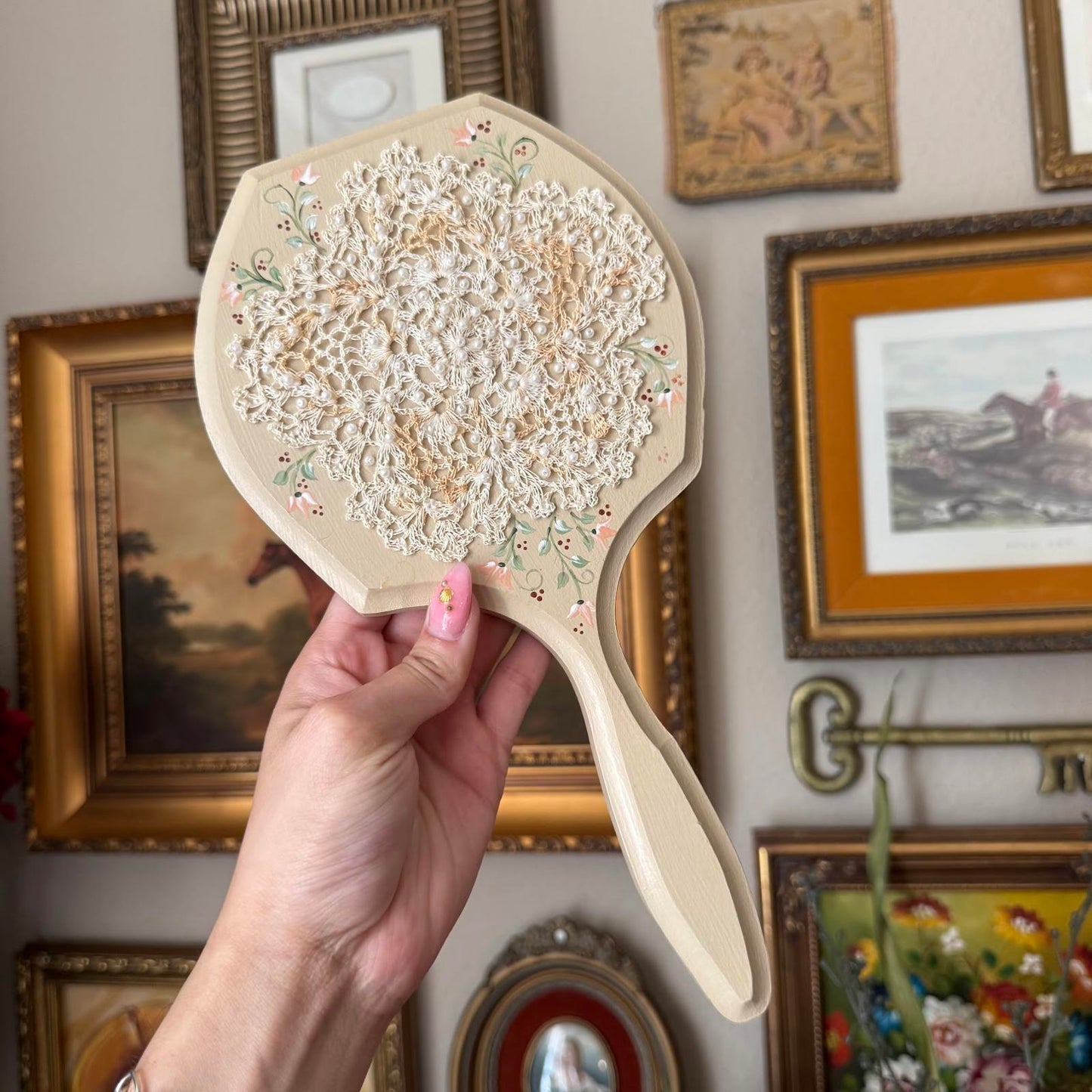 Vintage Hand Mirror with Lace Detailing