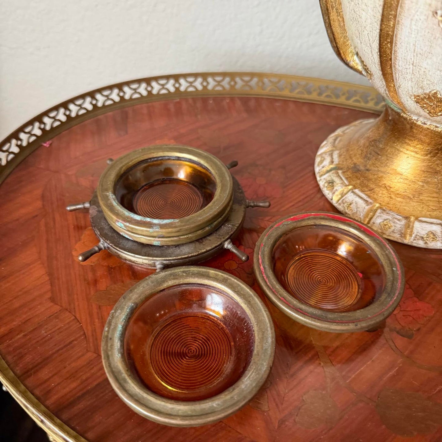 Vintage Ship Steering Wheel Amber Glass Coasters