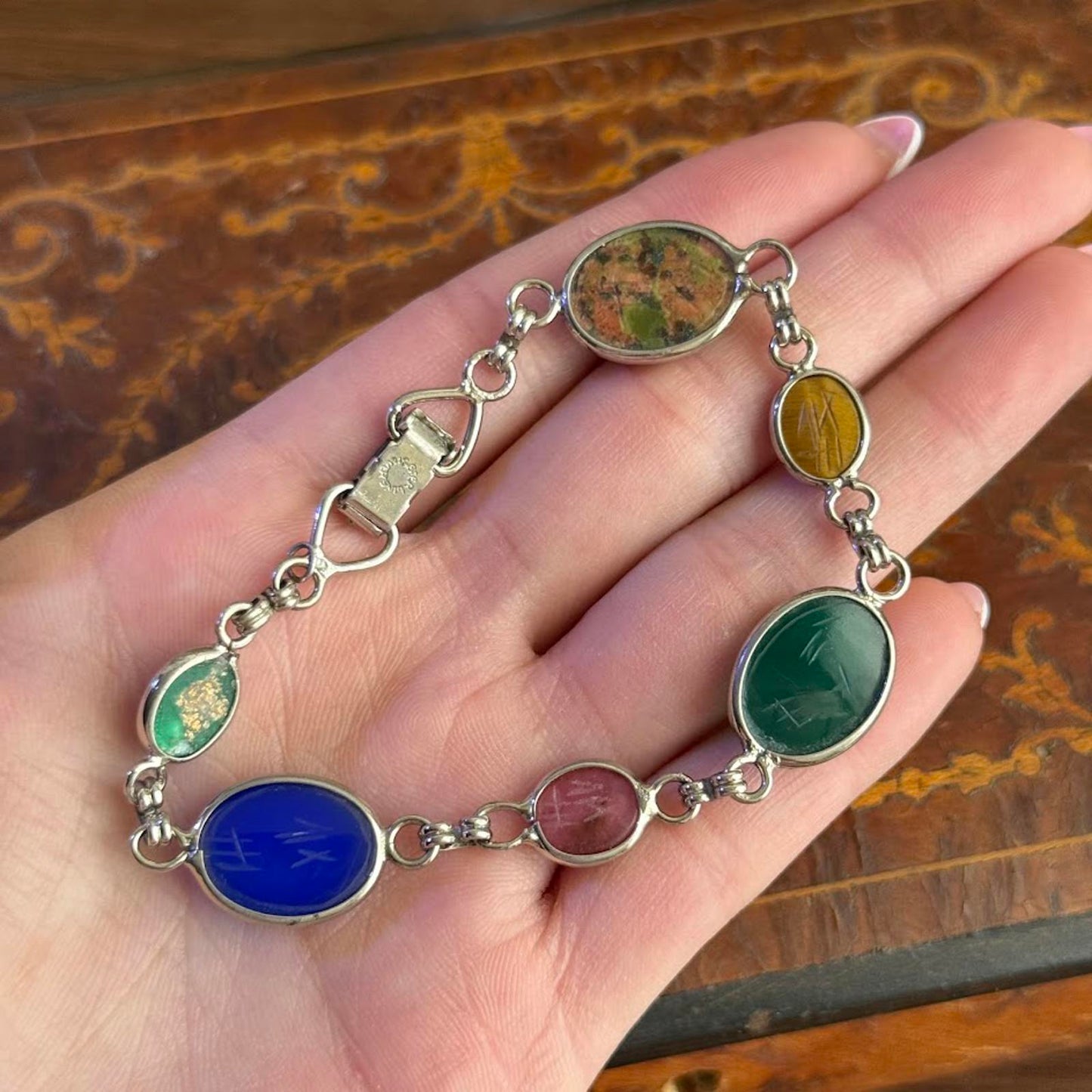 Vintage Mid Century 925 Sterling Silver Carved Gemstone Scarab Bracelet
