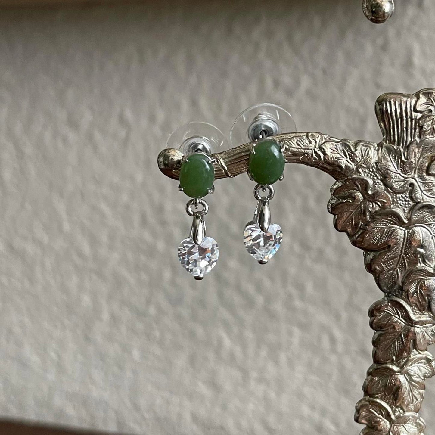 Silver tone genuine Jade heart crystal earrings
