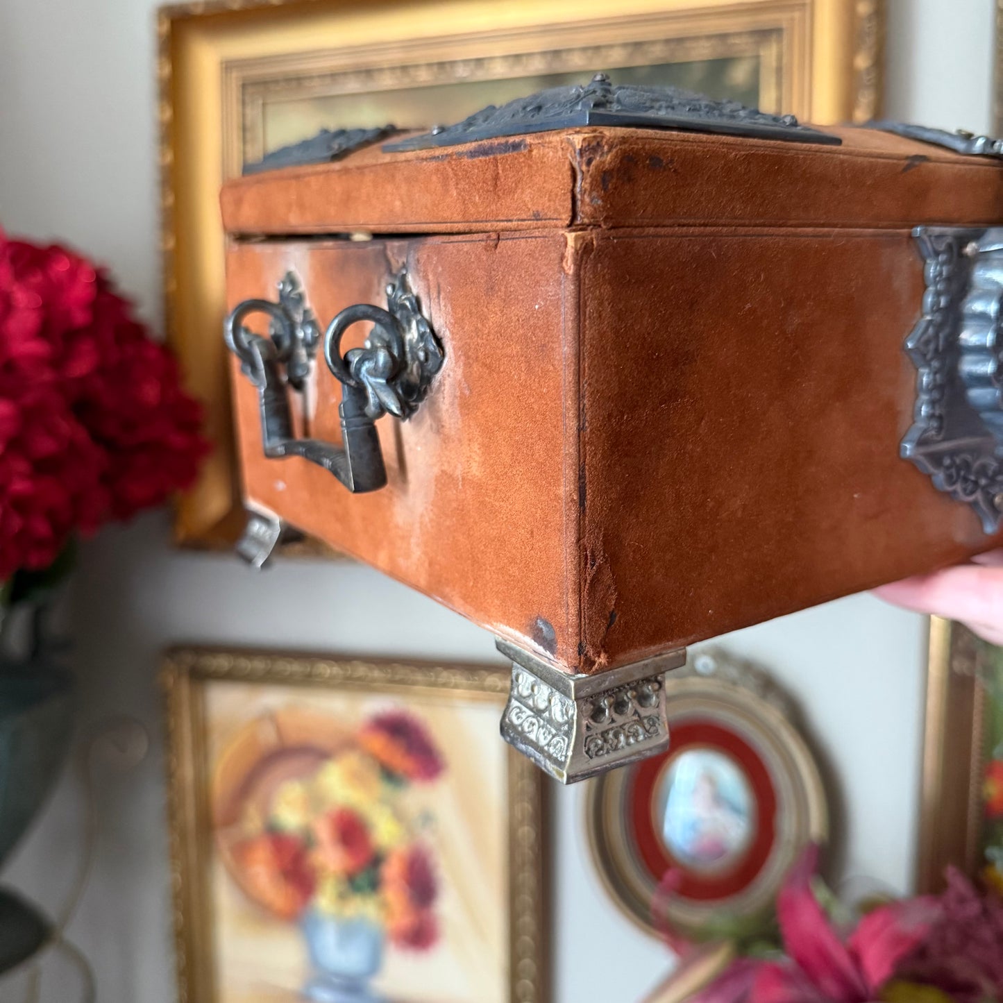 Vintage Ornate Velvet Jewelry Box – Blue Satin Tufted Interior, Decorative Metal Trim & Feet, Mid-Century Asian Design