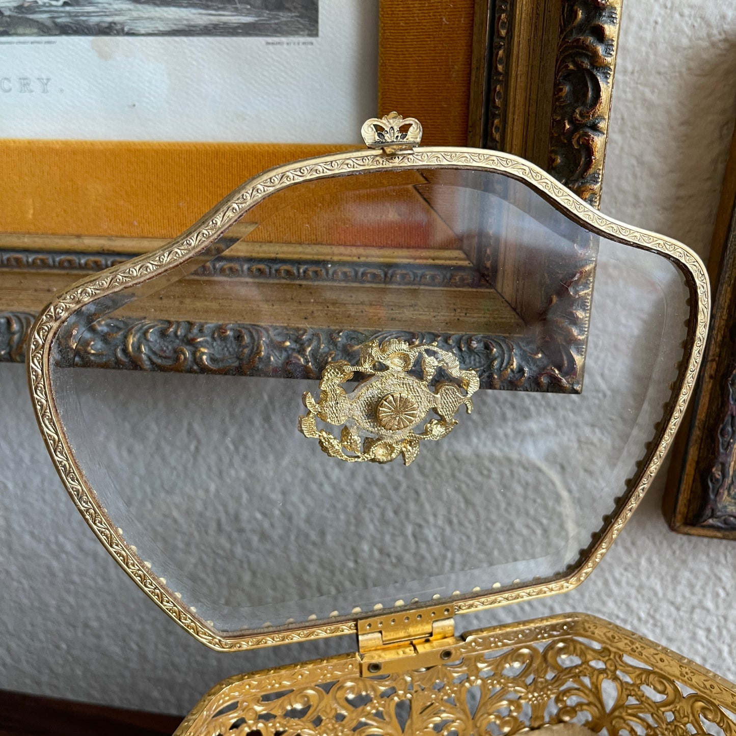 Art Nouveau Gold Gilded Glass Display Jewelry Chests Curio vanity trinket box