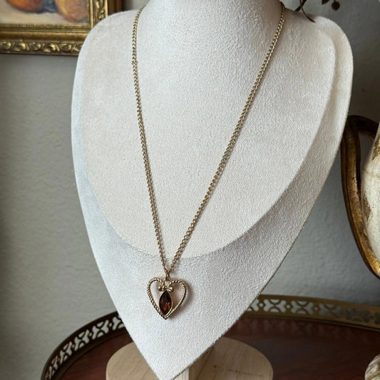 Vintage Avon gold heart with faux Amberstone necklace