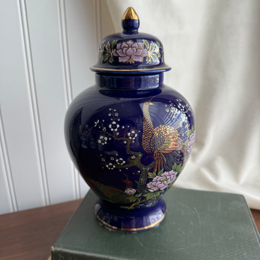 Peacock Floral Porcelain Cobalt Blue Ginger Jar