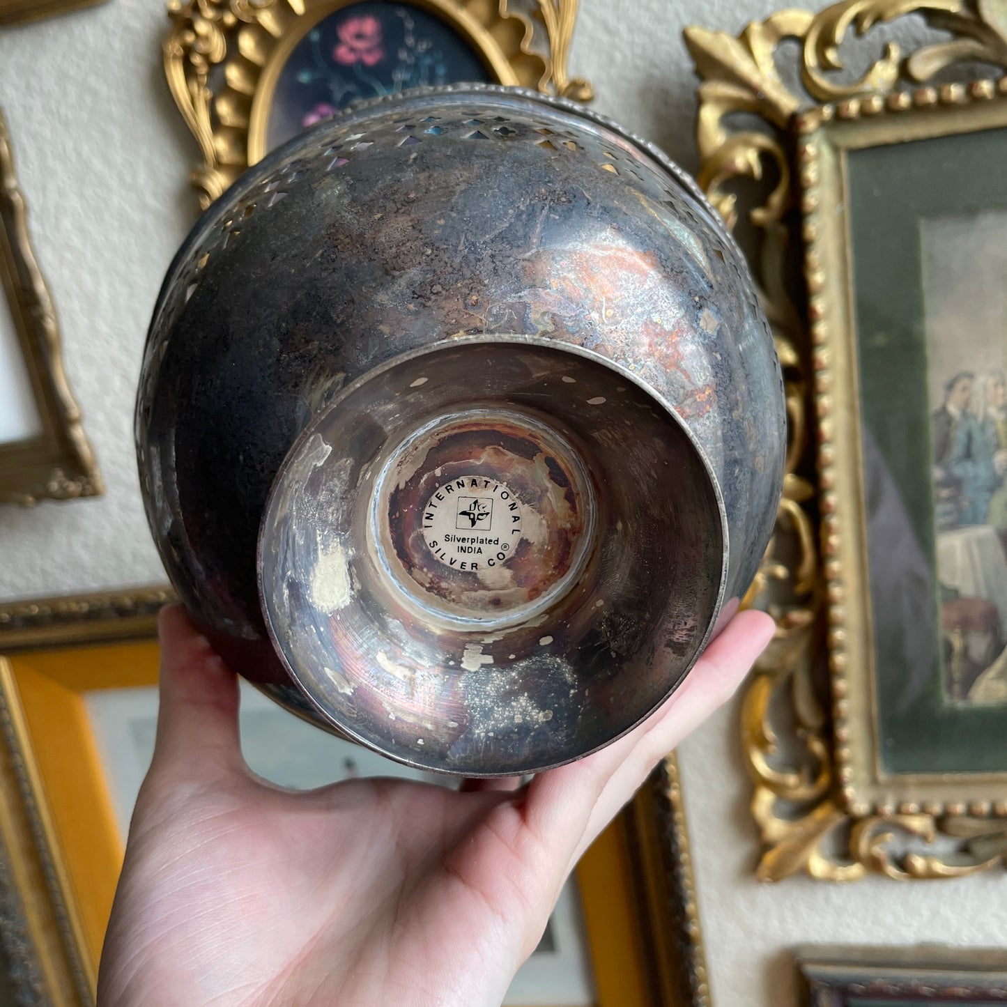 Vintage Pierced Silver Plate Basket Candy Bowl with Braid Handle