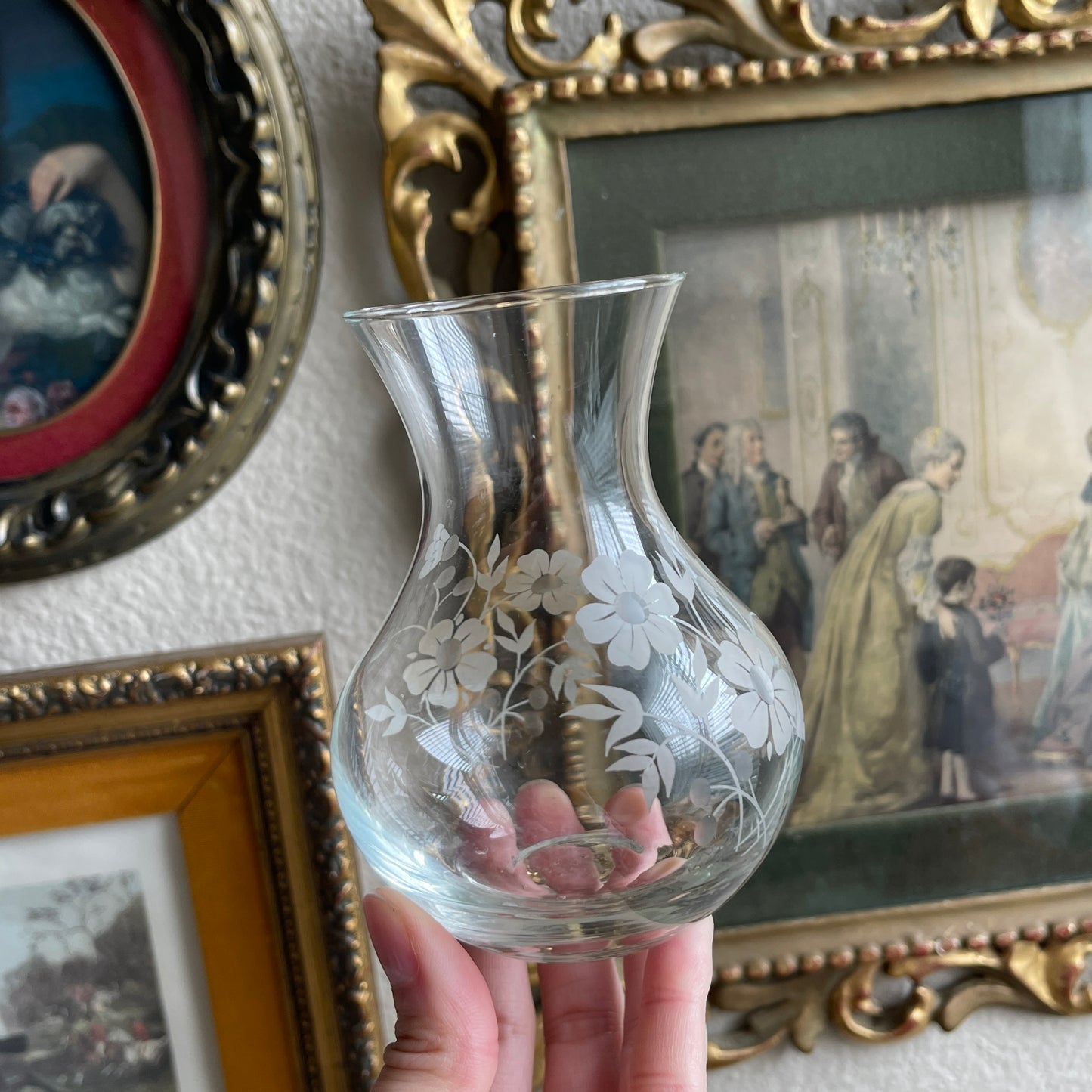 Vintage clear etched floral glass vase